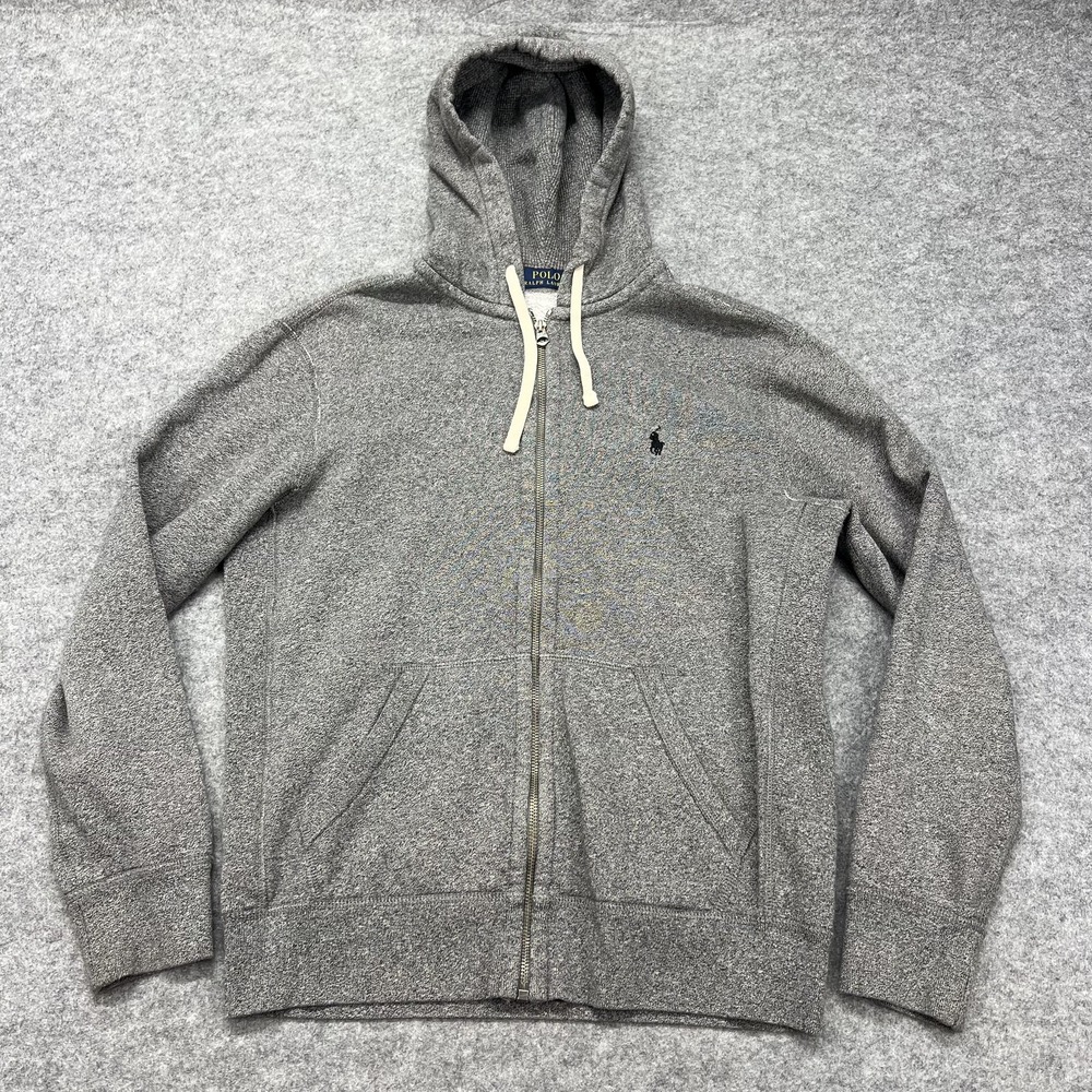 Polo Ralph Lauren Hoodie Mens Medium Gray Full Zip Fleece Sweatshirt Pony Logo